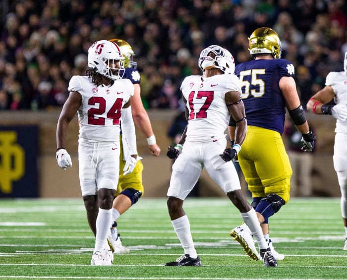 Stanford defensive back Kyu Blu Kelly (17) and Stanford safety Patrick Fields (24) celebrate during the Notre Dame vs. Stanford NCAA football game Saturday, Oct. 15, 2022 at Notre Dame Stadium in South Bend